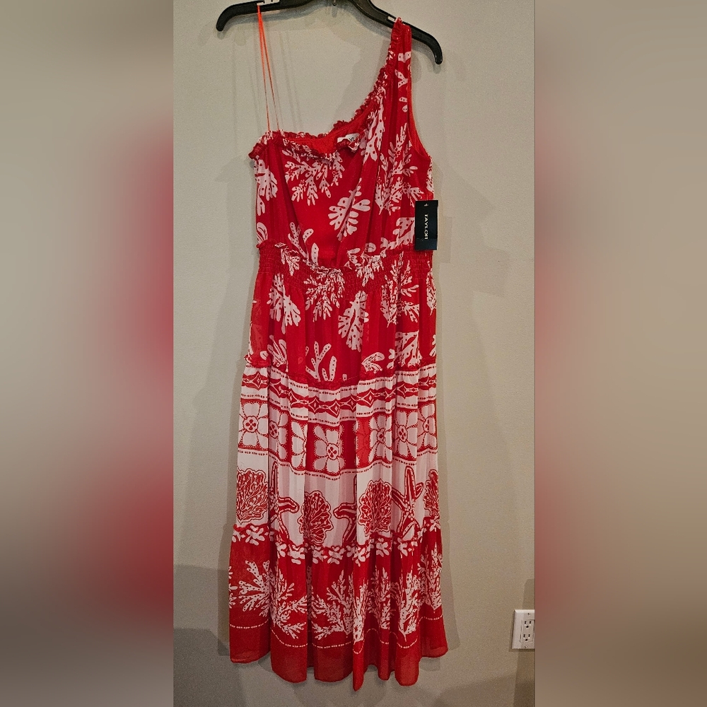 Taylor One-shoulder Tiered Dress Size- 12 Color-Red & White Coral/Starfish Print